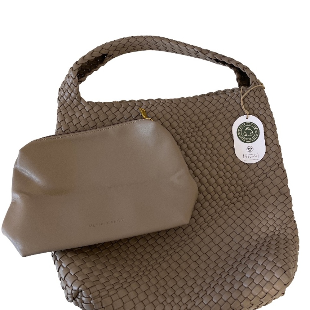 Melie Bianco Taupe Woven Vegan Leather Shoulder Bag Purse EUC - Picture 6 of 7